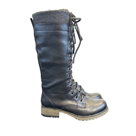 Report Maxwell Women’s Tall Boots Combat MOTO Size 6 Black Faux Fur Lace Up Zip - Picture 3 of 13